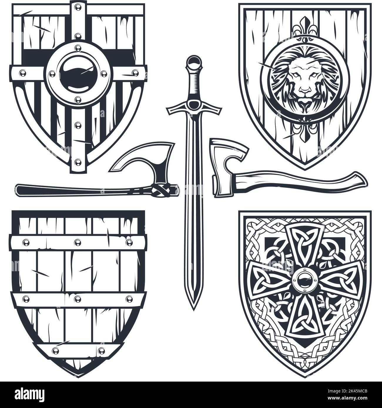 Set aus mittelalterlichen Schilden mit keltischen Mustern und Ornamenten, Ritterrüstung, Ritterschilden, Vektor Stock Vektor