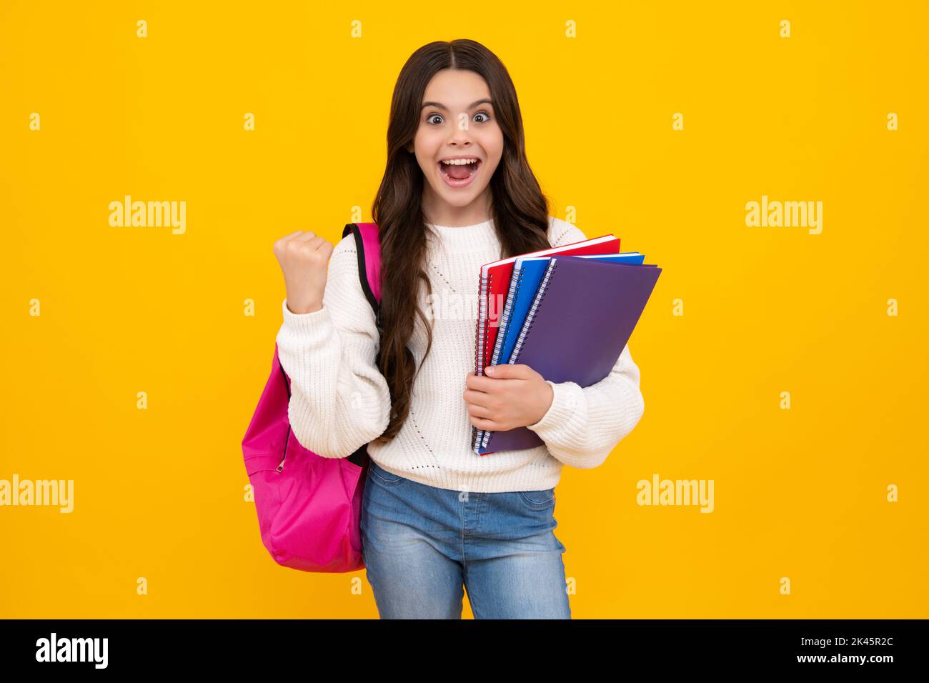 Schule Teenager Kind Mädchen 12, 13, 14 Jahre alt mit Buch und Copybook. Teenager Schülerin auf isoliertem Hintergrund. Lernen und Wissensvermittlung Stockfoto