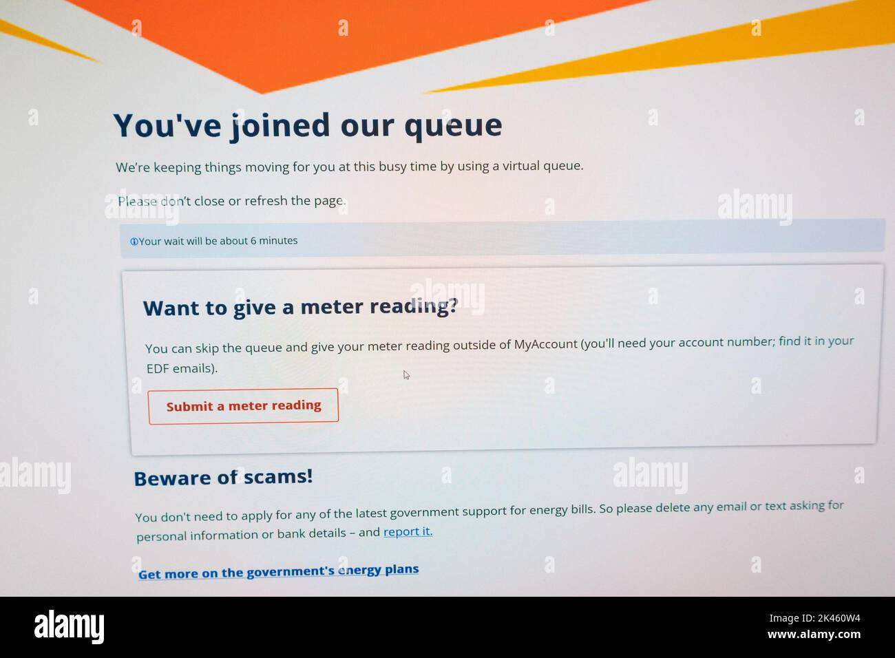 Ashford, Kent, Großbritannien. 30. September 2022. Die Eile, die Messwerte von Stromzählern einzureichen, hat das Energieunternehmen EDF gezwungen, eine Warteschlange auf der Website auszustellen. Foto: Paul Lawrenson/Alamy Live News Stockfoto