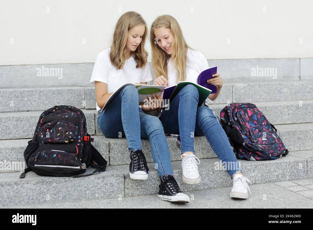 Zurück zur Schule. Teenager, Schüler der Junior High School lächelt in einem Schulhof, lächelt und hält Bücher in einer Pause in der Schule. Stockfoto