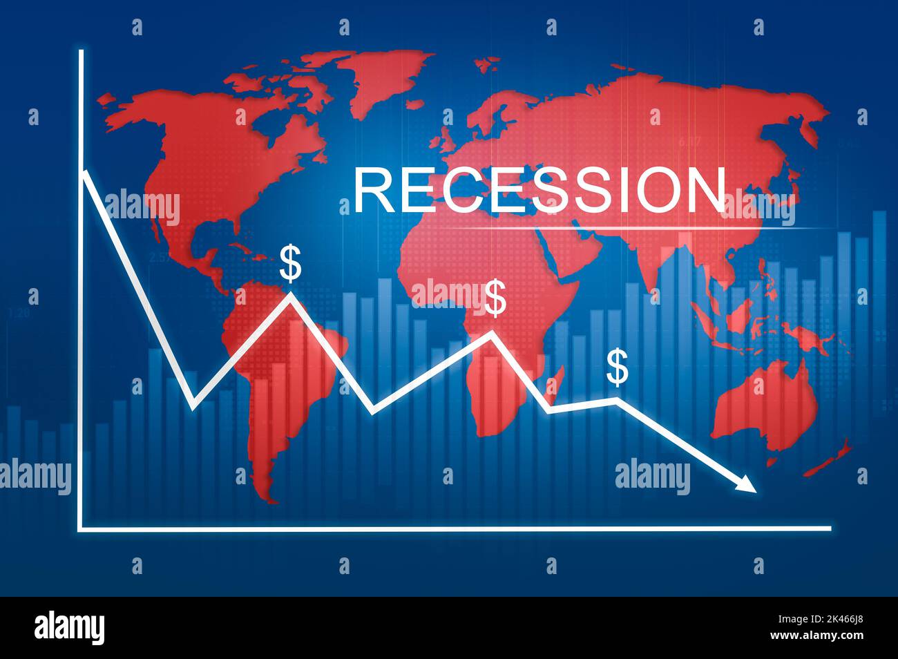 Konjunktur Rezessionsdiagramm des Konjunkturrückgangs oder der Finanzkrise 2023 2022 Jahre. Zeichnen Sie das Konzept der Weltwirtschaftsrezession auf. Chart sinkende Preise nach unten Stockfoto