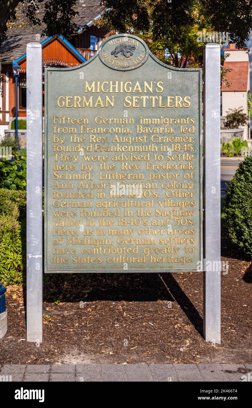 Michigan State Historische Gedenktafel Zur Erinnerung An Die Deutschen Siedler Von Frankemuth Michigan Im Jahr 1845 Stockfoto