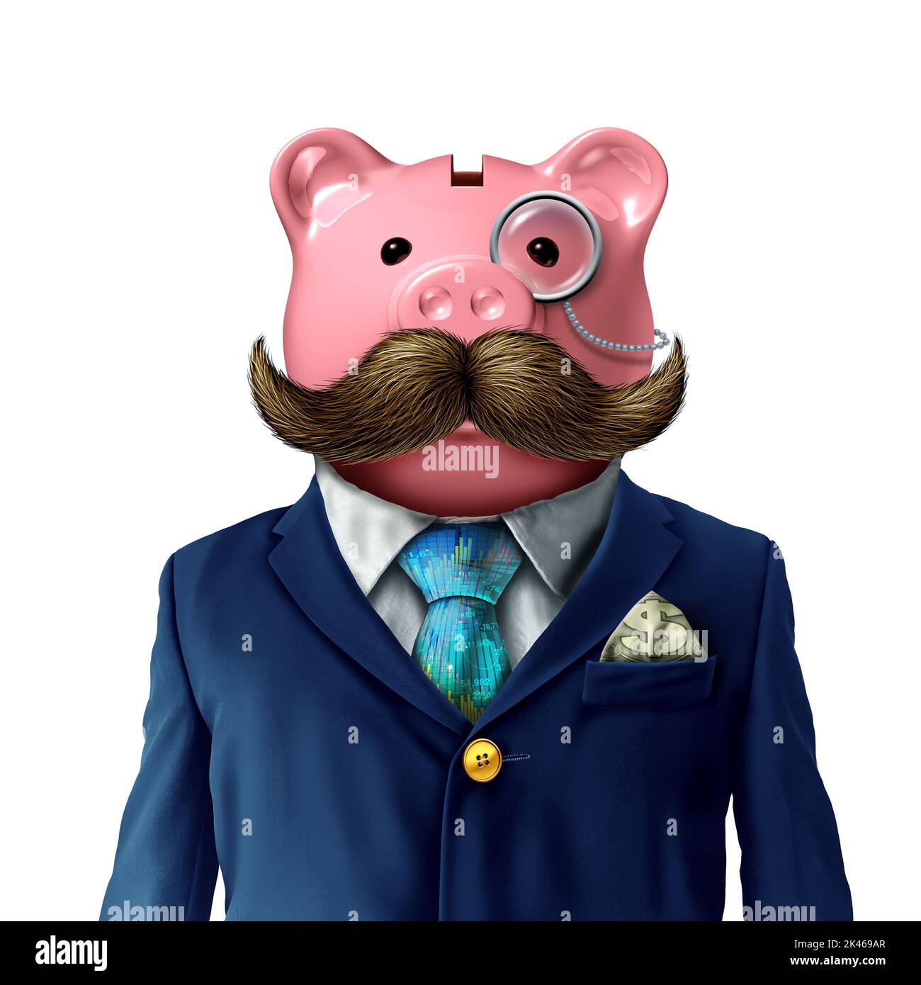 Piggy Bank Geschäftsmann als lustiger Finanzberater oder Vermögensverwalter Symbol oder ein Sparexperte in der Wirtschaft, um über Geldstrategie und Investitionen zu beraten. Stockfoto