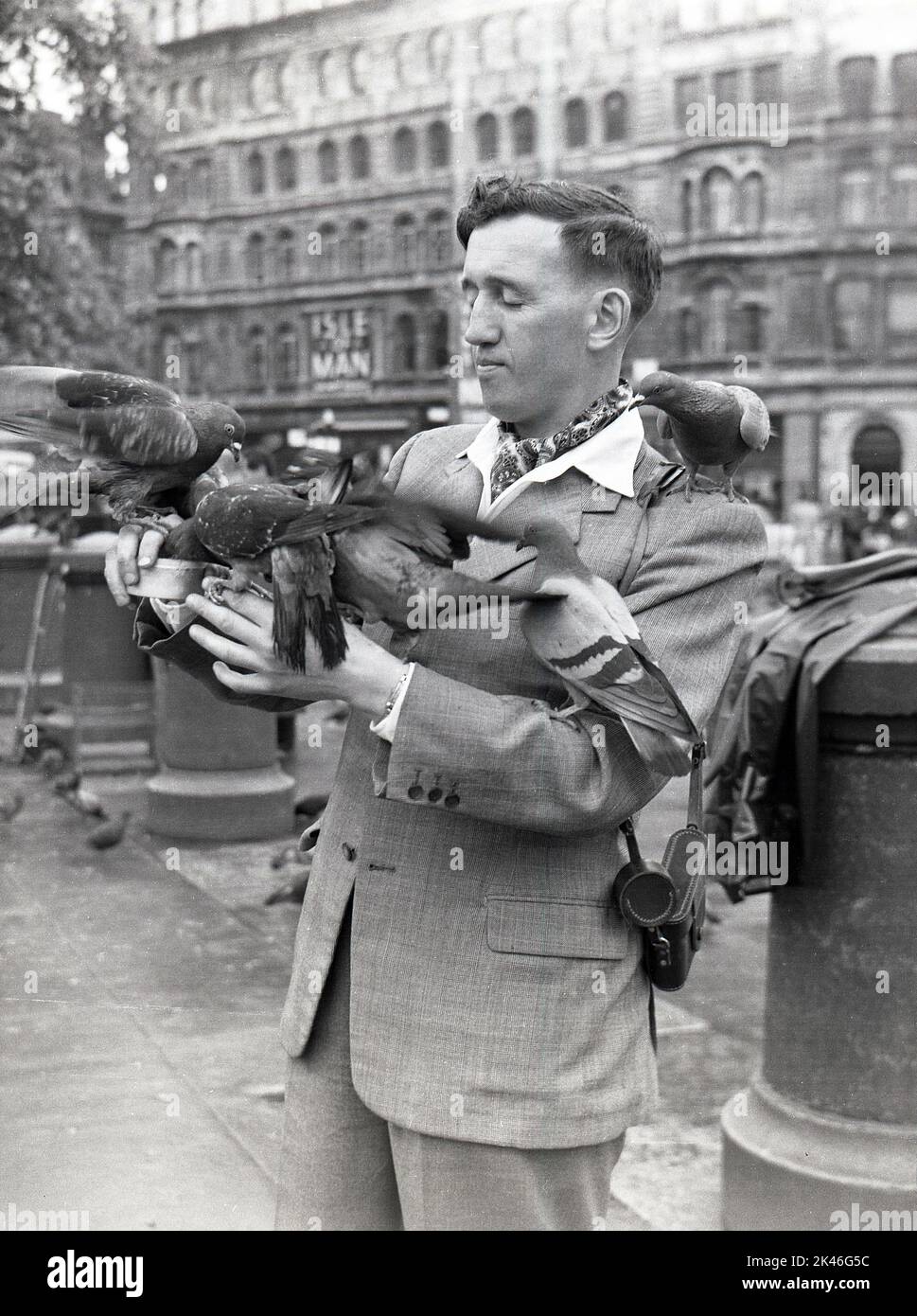 1958, historisch, sitzen Tauben auf einem Gentleman am Trafalgar Square, Westminster, London, England, Großbritannien, während er seine Dose Erbsen aushält, um sie zu füttern. In dieser Zeit und später wurde die Fütterung der Wildvögel auf dem Platz erlaubt und Händler verkauften Dosen von Lebensmitteln, Aber um die Wende des Jahrzehnts, als Millionen Pfund Renovierung in der Gegend stattgefunden haben, wurden Abschiedsgesetze eingeführt, um die Fütterung zu verbieten, um die Zahl der Menschen zu reduzieren und die Umwelt zu verbessern. Stockfoto