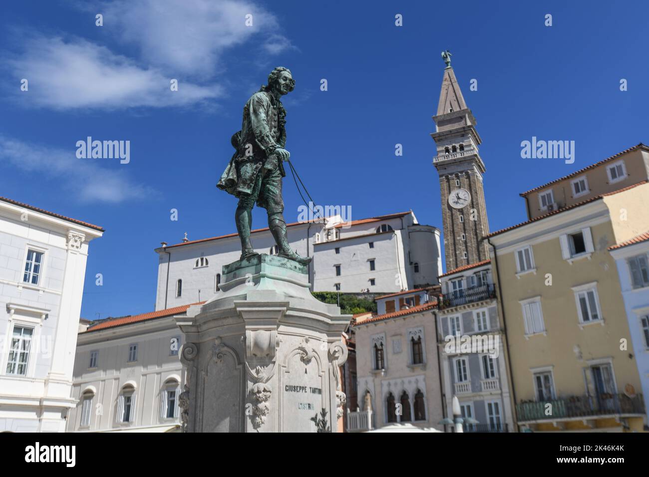 Piran: Tartini Central Square, mit Giuseppe Tartini Statue, Slowenien Stockfoto