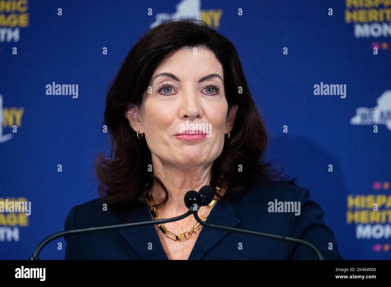 New York, USA. 30. September 2022. Kathy Hochul (D), Gouverneurin von New York, spricht bei einem hispanischen Frühstücksempfang im El Museo del Barrio in New York City. Kredit: SOPA Images Limited/Alamy Live Nachrichten Stockfoto