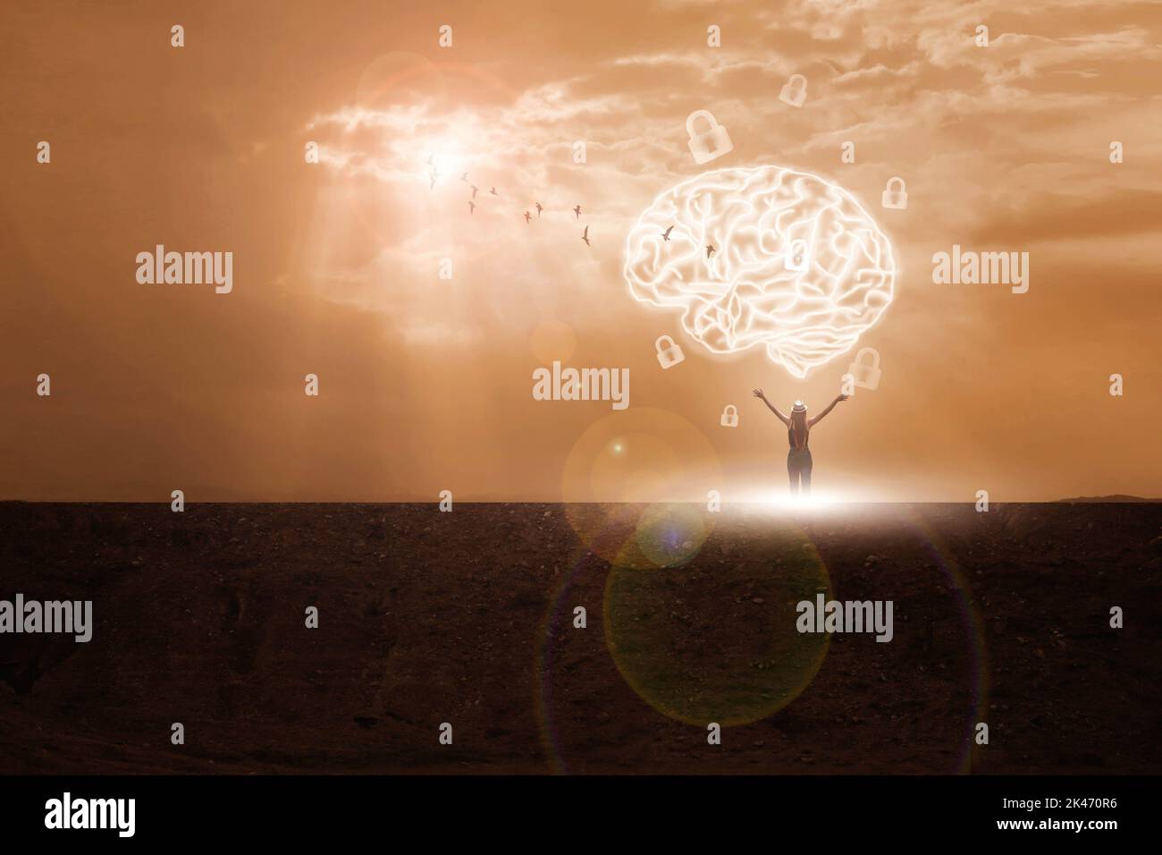 Virtuelle Frau mit symbolischen Neuronen in ihrem Gehirn. Freiheit des Denkens entsperren den Geist Kreativität und Innovation / Abendhimmel Hintergrund Stockfoto