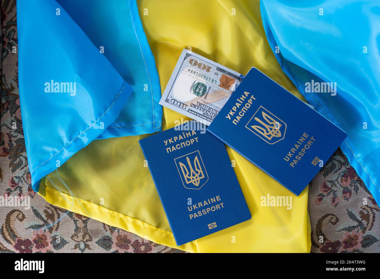 Ukrainischer Pass auf blau-gelber Flagge. Dollar auf der ukrainischen Flagge Stockfoto