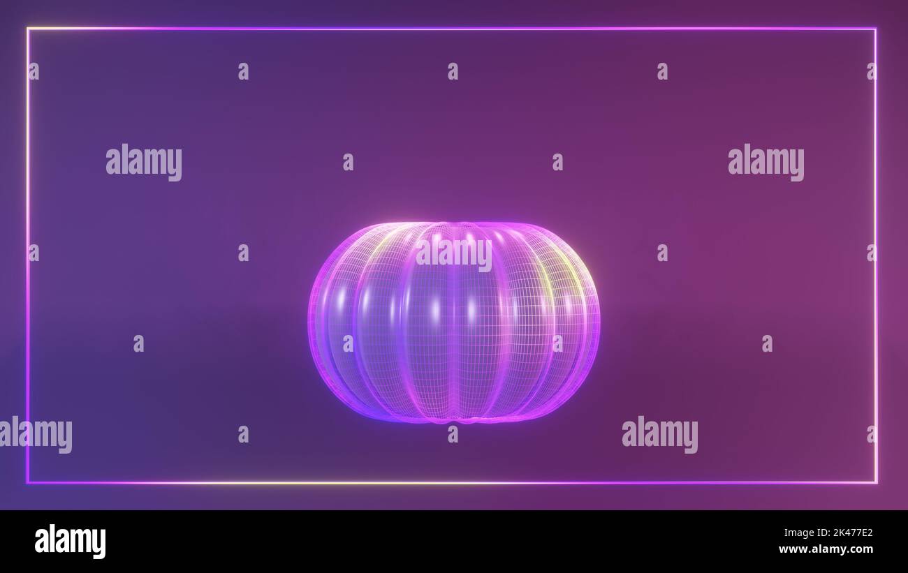 3D Rendering von Low-Poly-Kürbis vor violettem Hintergrund mit leerem Textraum Stockfoto