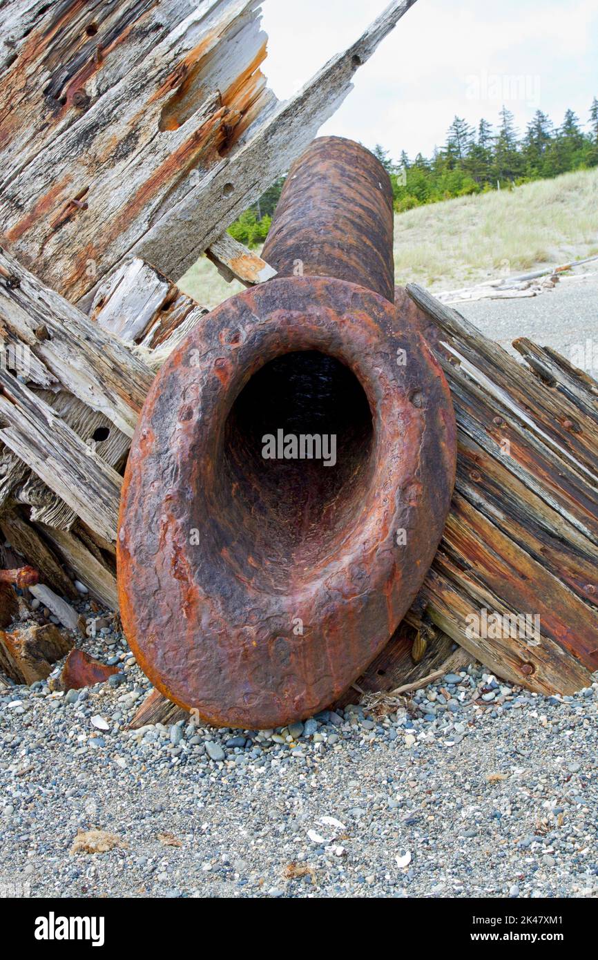 Nahaufnahme eines Ankerführers auf dem Schiffswrack von Pesuta nördlich des Tlell River am East Beach im Naikoon Provincial Park, Haida Gwaii, BC, Kanada Stockfoto