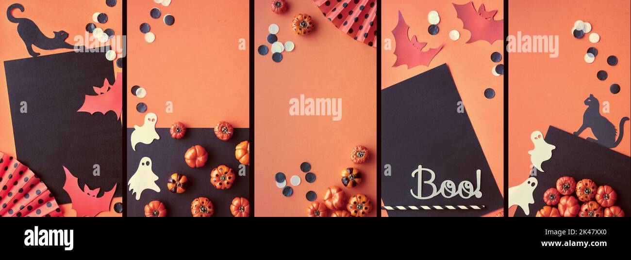 Halloween-Storys-Vorlage für Social Media. Set von flachen Lay-Fotos von Kürbissen, schwarzen Papierkatzen, Geistern und Buts auf orangefarbenem und schwarzem Hintergrund. Stockfoto
