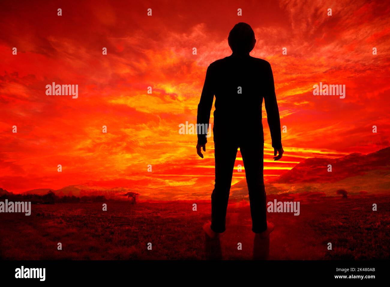 Der Mensch blickt auf das Ende der Welt, konzeptuelle Illustration Stockfoto