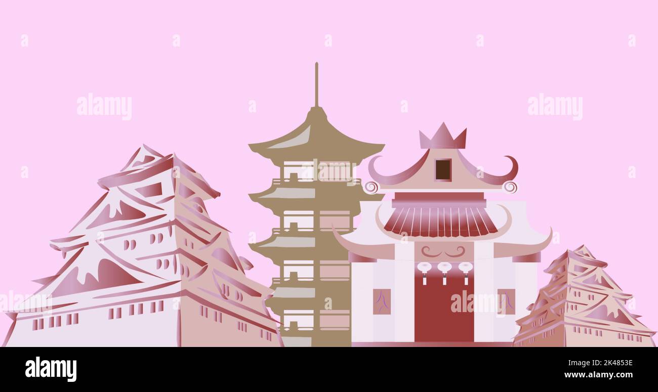 Bild von verschiedenen chinesischen Tempeln auf rosa Hintergrund mit Kopierraum. Chinesische Tradition, Kultur und Religion Konzept. Stockfoto