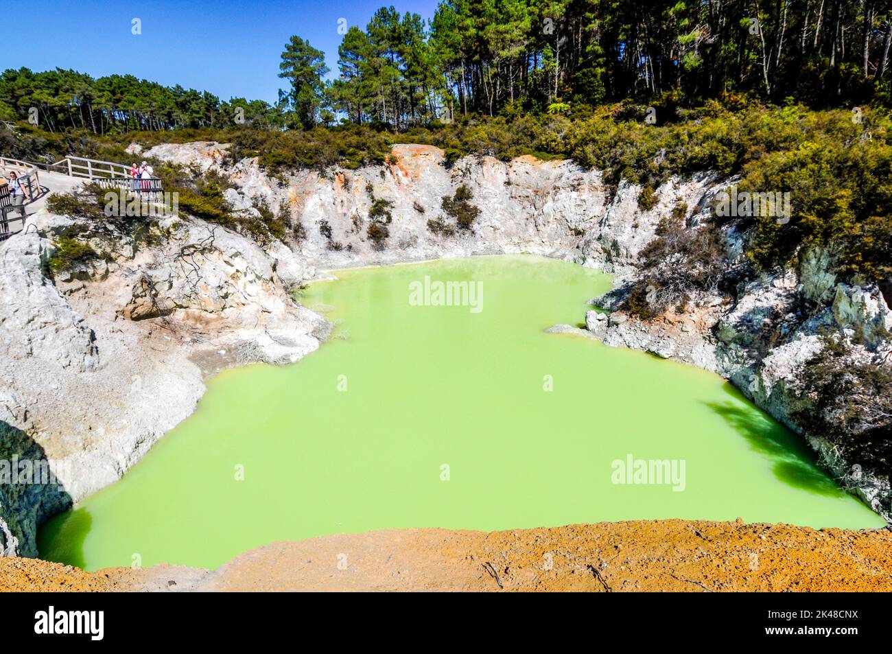 Die grünliche Farbe in diesem Krater ist „Devil's Bath“ im Wai-O-Tapu Thermal Wonderland in der Nähe der am See gelegenen Stadt Rotorua in der Bucht von Plen Stockfoto