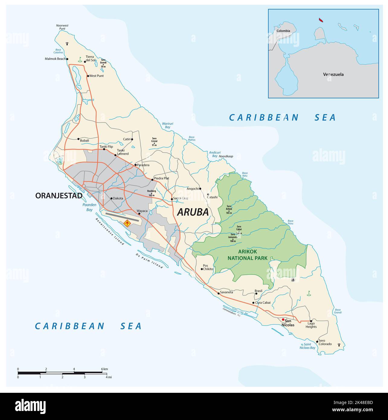 Straßenkarte der ABC-Insel Aruba in der Karibik Stockfoto