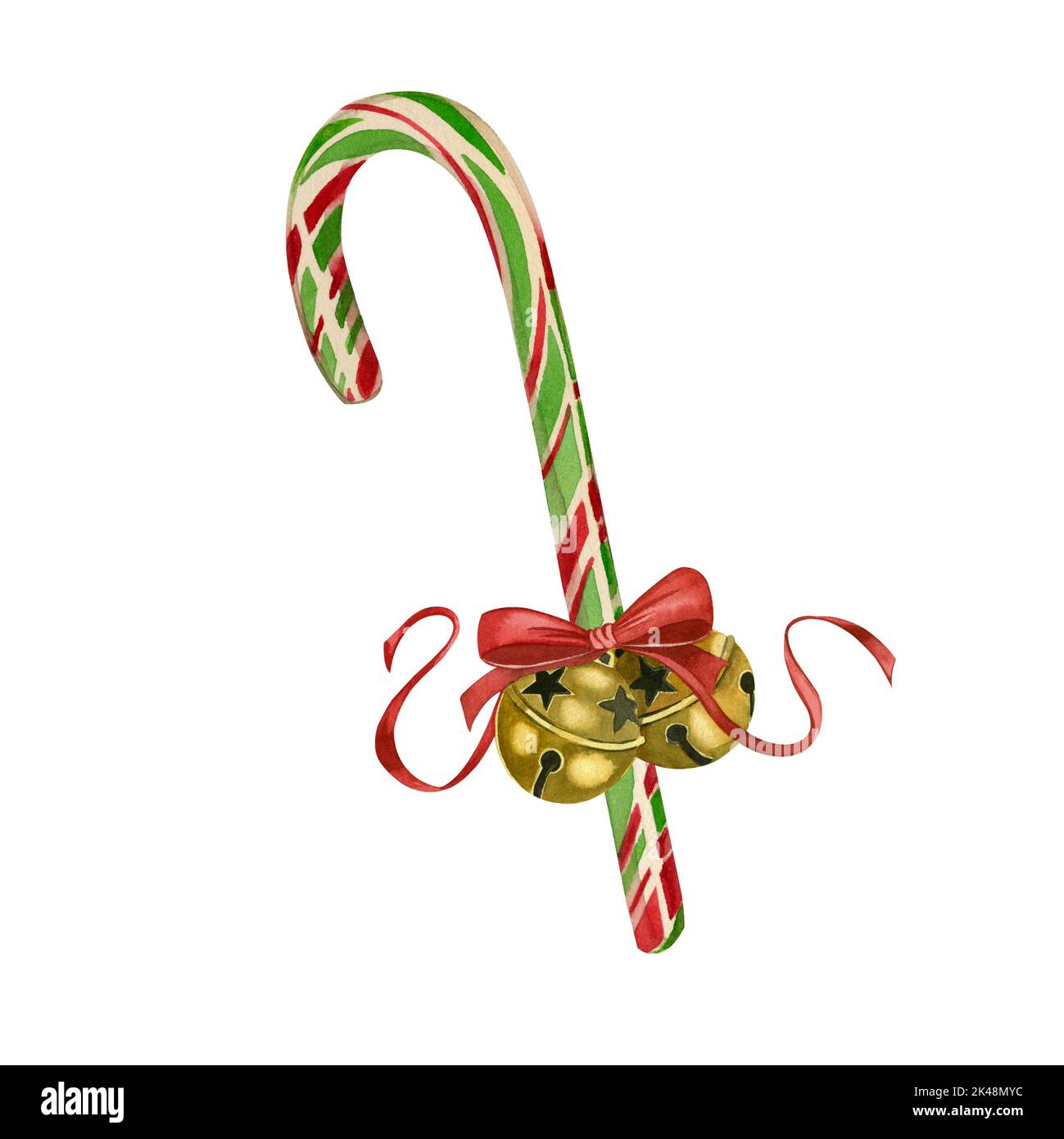 Ein Weihnachtslollipop in Aquarell mit goldenen Glocken und einer roten Schleife, handbemalt, eignet sich für den Druck auf Stoff, Postkarten zu erstellen Stockfoto