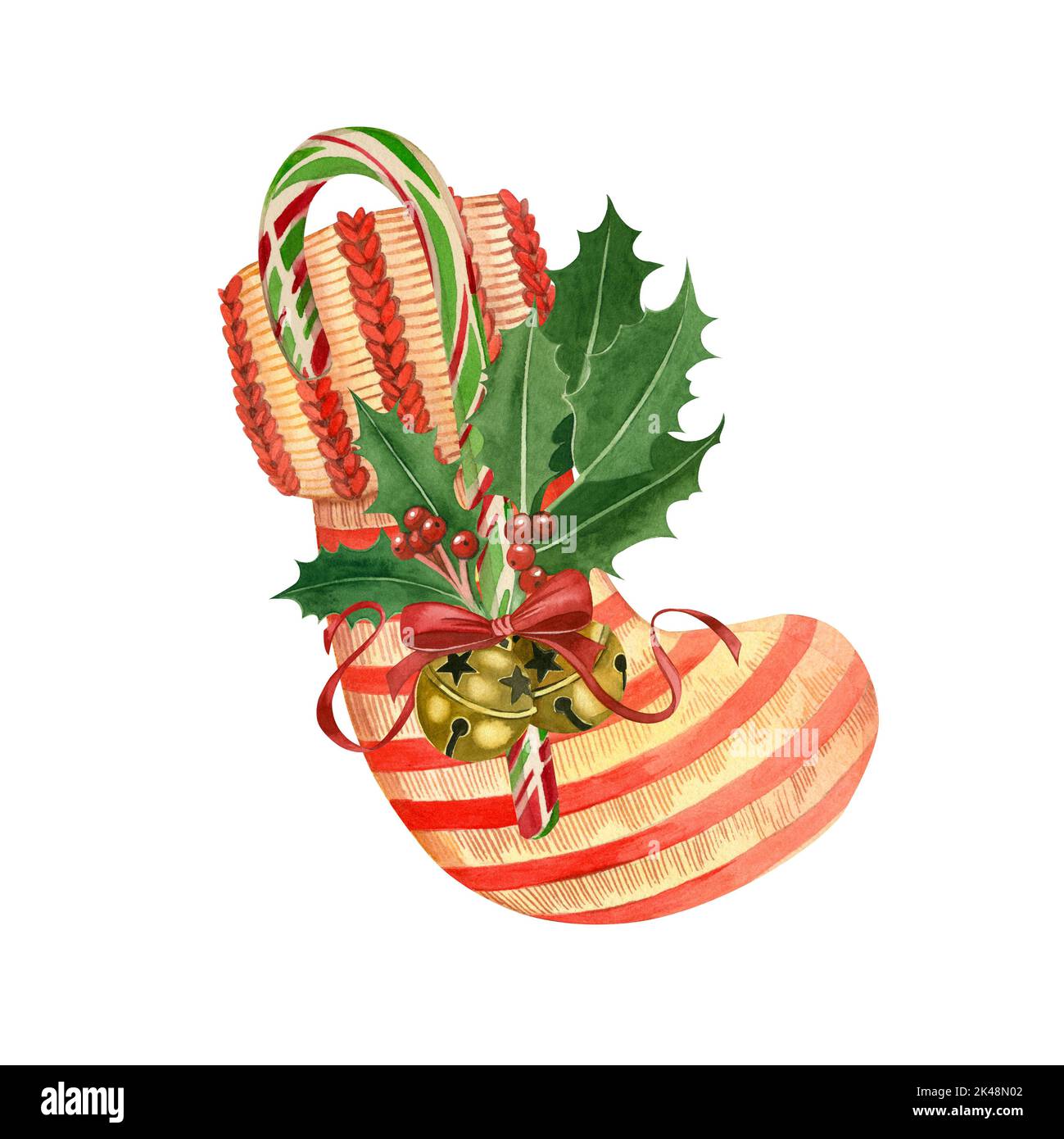 Weihnachtlicher Strumpf in Aquarellfarben mit goldenen Glocken und roter Schleife, grüne Zweige mit roten Beeren handbemalt. Geeignet für den Druck auf Stoff Stockfoto