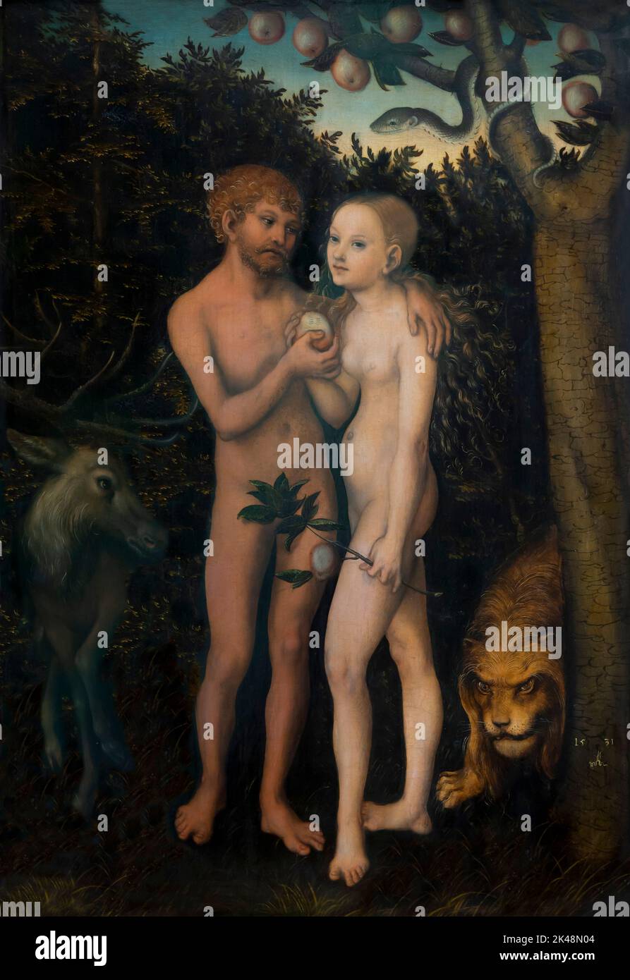 Adam und Eva im Paradies, Lucas Cranach der Ältere, 1531, Gemaldegalerie, Berlin, Deutschland, Europa Stockfoto