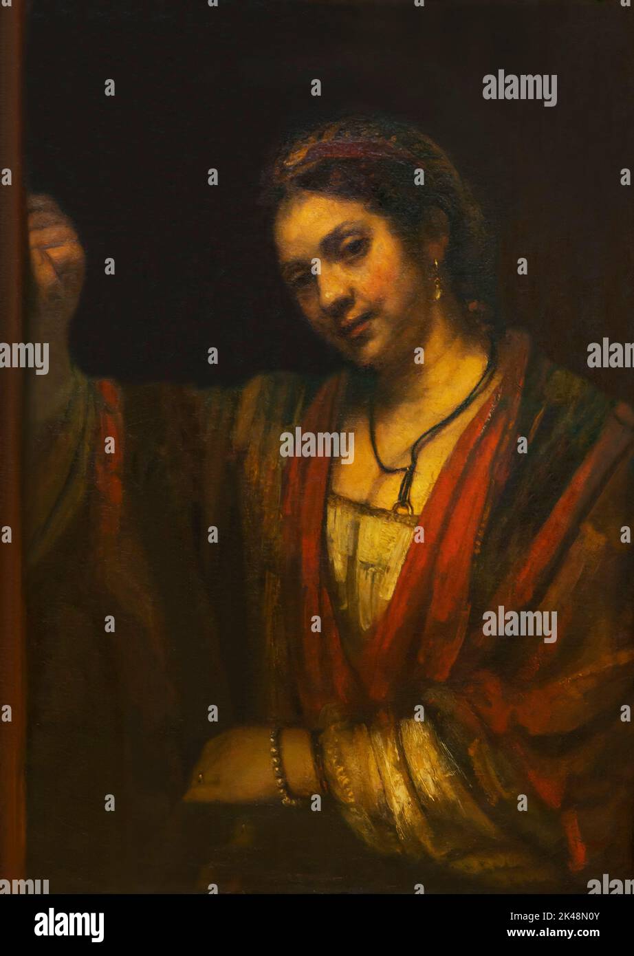 Eine junge Frau, die gegen eine Tür schiebt, Hendrickje Stoffels, Rembrandt, um 1656-1657, Gemaldegalerie, Berlin, Deutschland, Europa Stockfoto