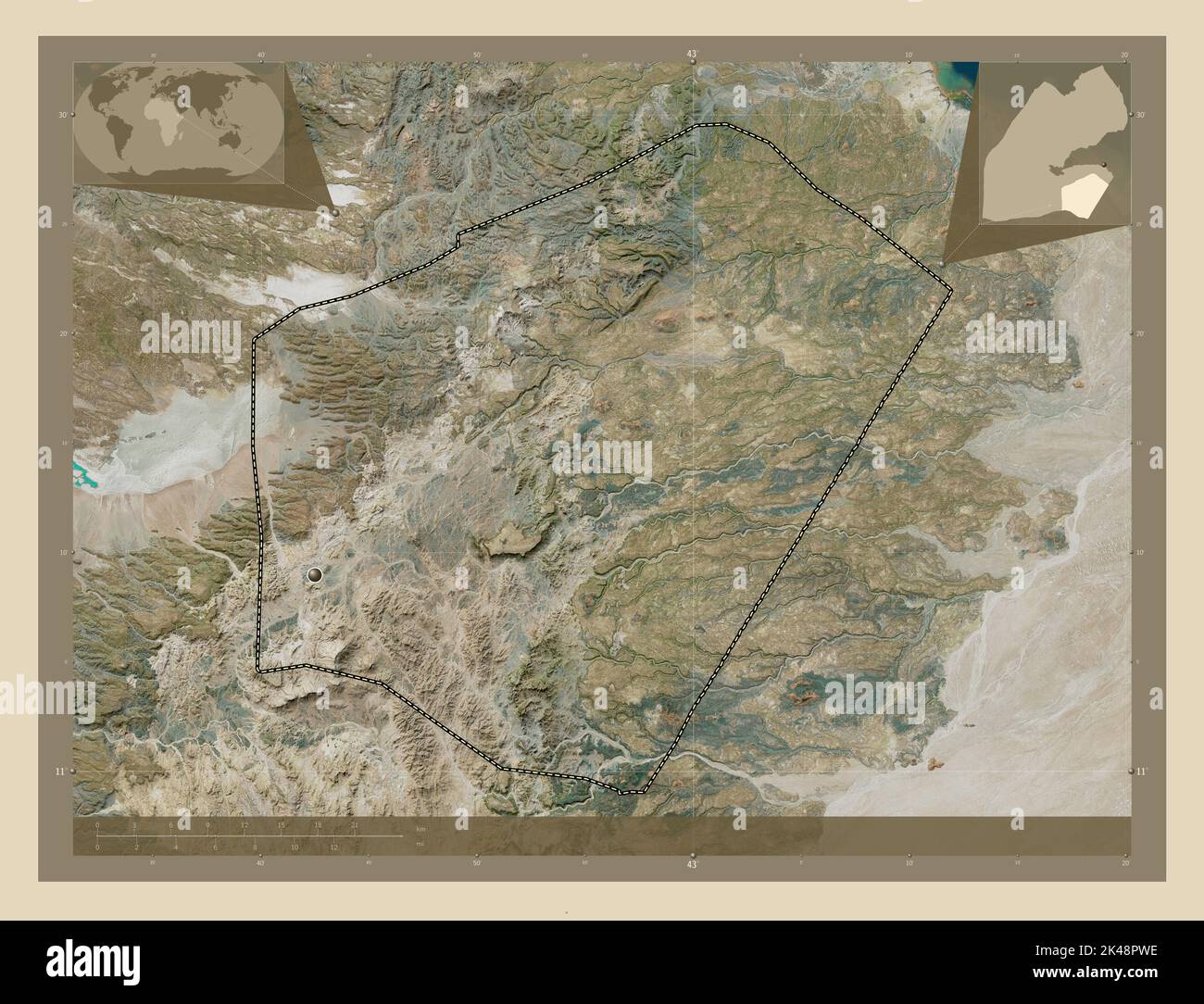 Ali Sabieh, Region Dschibuti. Hochauflösende Satellitenkarte. Karten für zusätzliche Eckposition Stockfoto