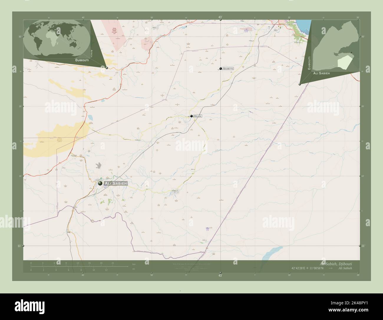 Ali Sabieh, Region Dschibuti. Öffnen Sie Die Straßenkarte. Orte und Namen der wichtigsten Städte der Region. Karten für zusätzliche Eckposition Stockfoto