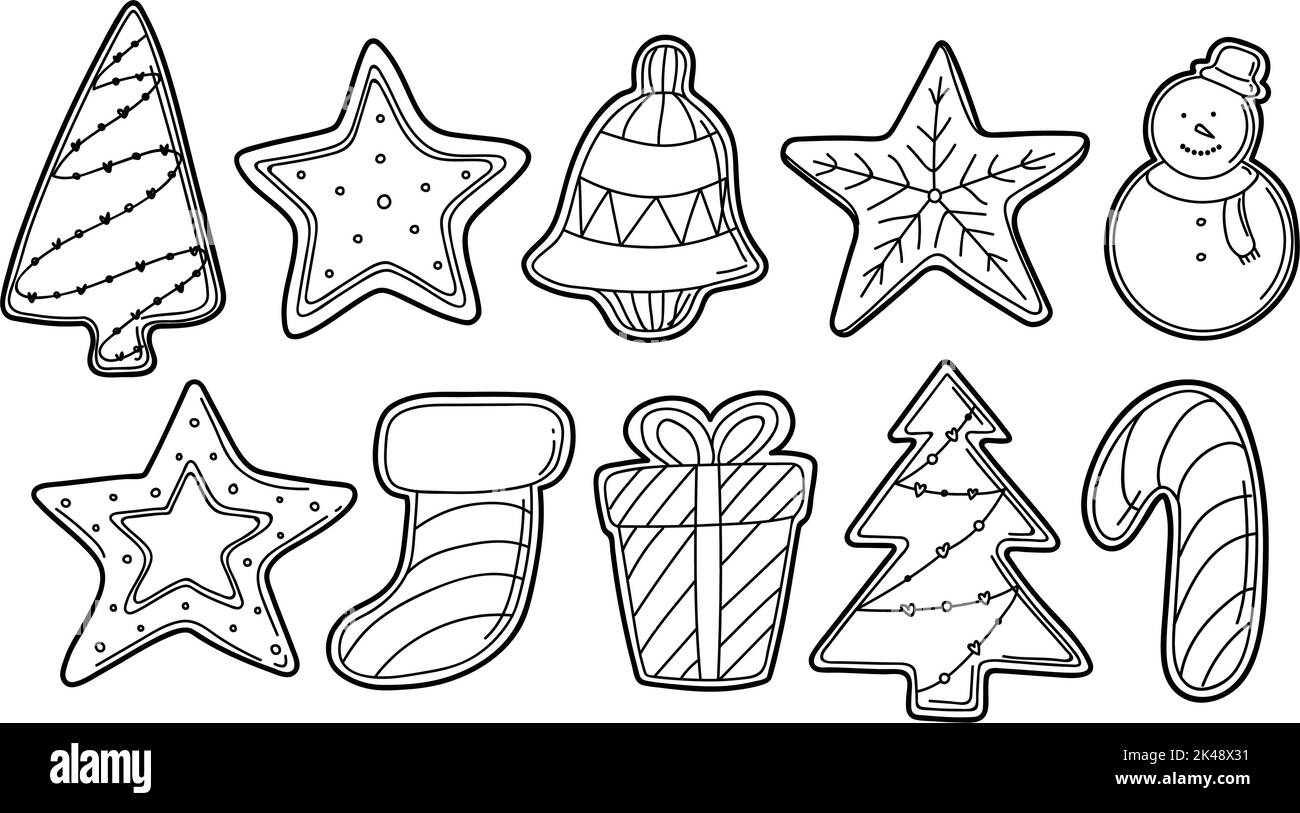 Handgezeichnete Vektor-Doodle-Set von Lebkuchen Weihnachtsplätzchen in schwarzer Umriss für Kinder Malbuch Illustrationen. Stock Vektor