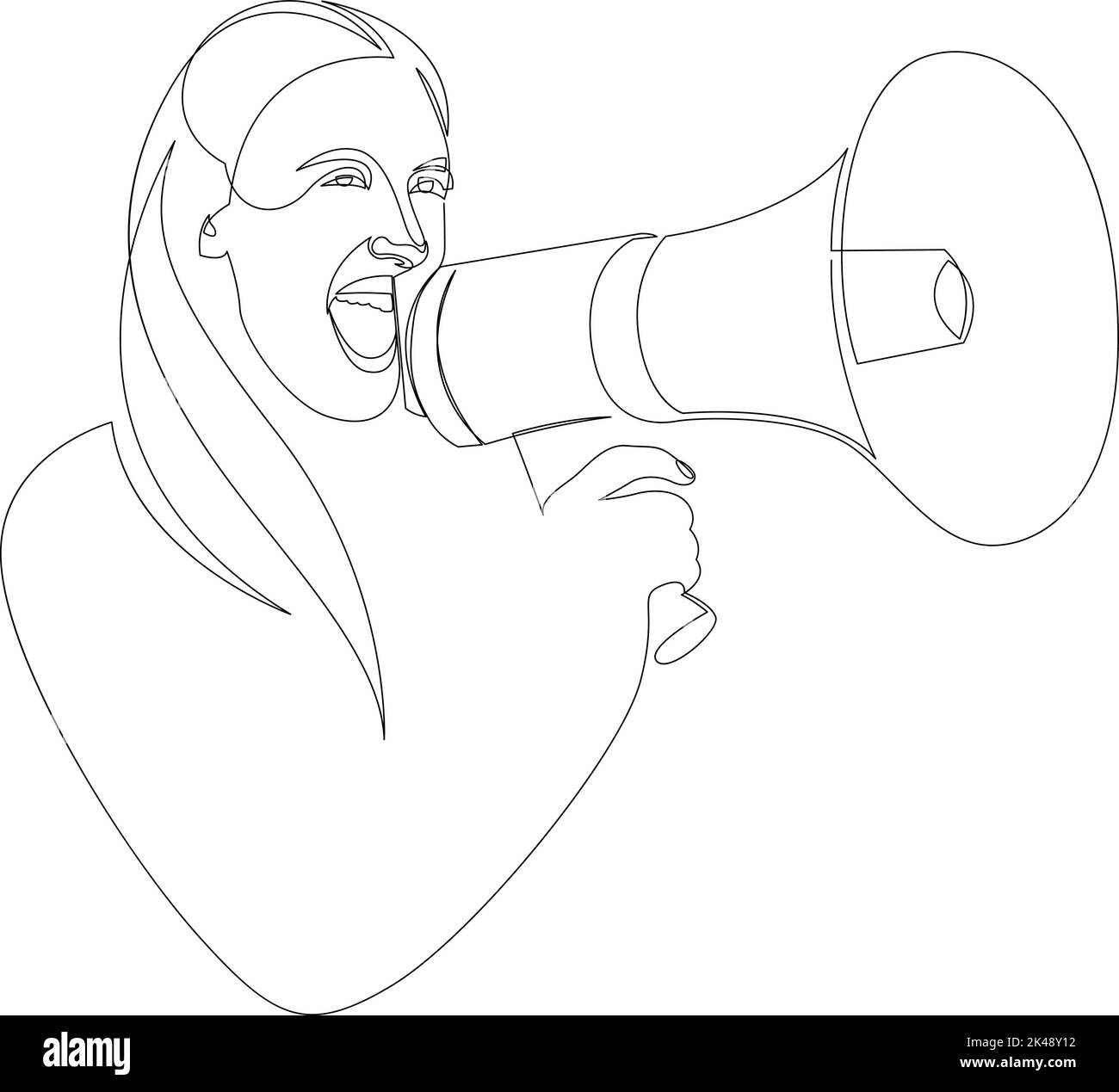 Eine einzelne fortlaufende Linienzeichnung einer jungen Frau, die laut mit einem Megaphon schrie. Vektorgrafik Stock Vektor