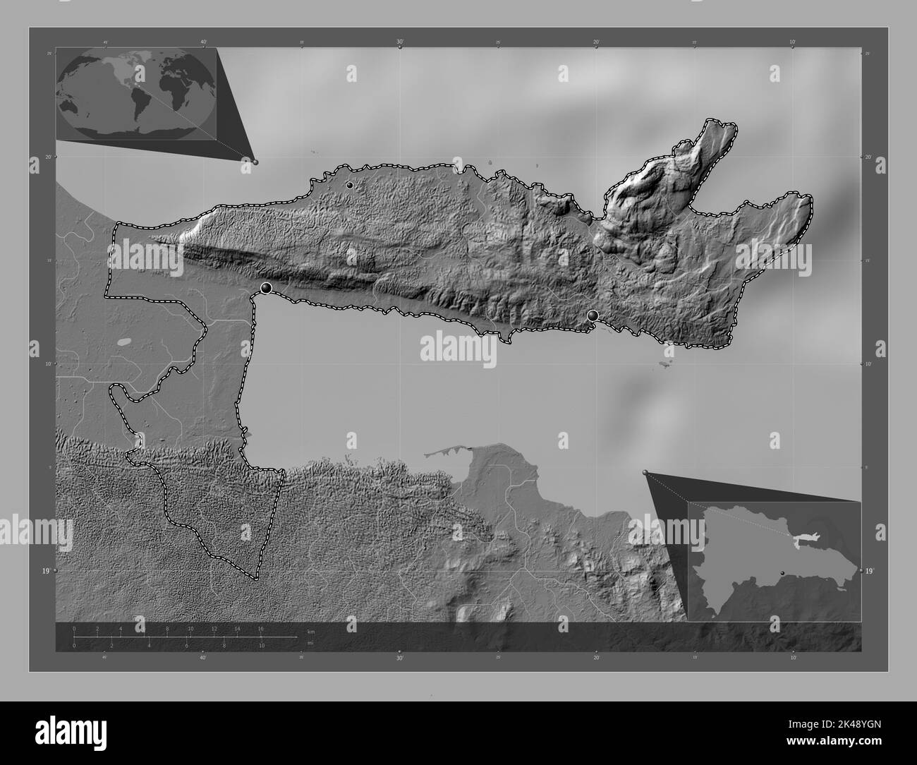 Samana, Provinz der Dominikanischen Republik. Bilevel-Höhenkarte mit Seen und Flüssen. Standorte der wichtigsten Städte der Region. Zusätzliche Ecklokation Stockfoto