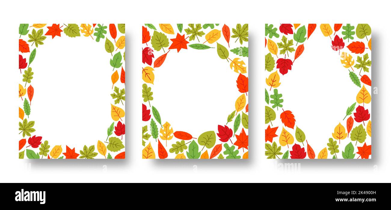 Herbst Blätter flach floralen Rahmen gesetzt. Herbst farbenfrohe Blumenbordmuster mit Kopieplatz. Herbstblätter von Eiche Birke Ahorn Pappel Esche Espe Kastanie isoliert auf weiß. Laub Laub Vignette Stock Vektor
