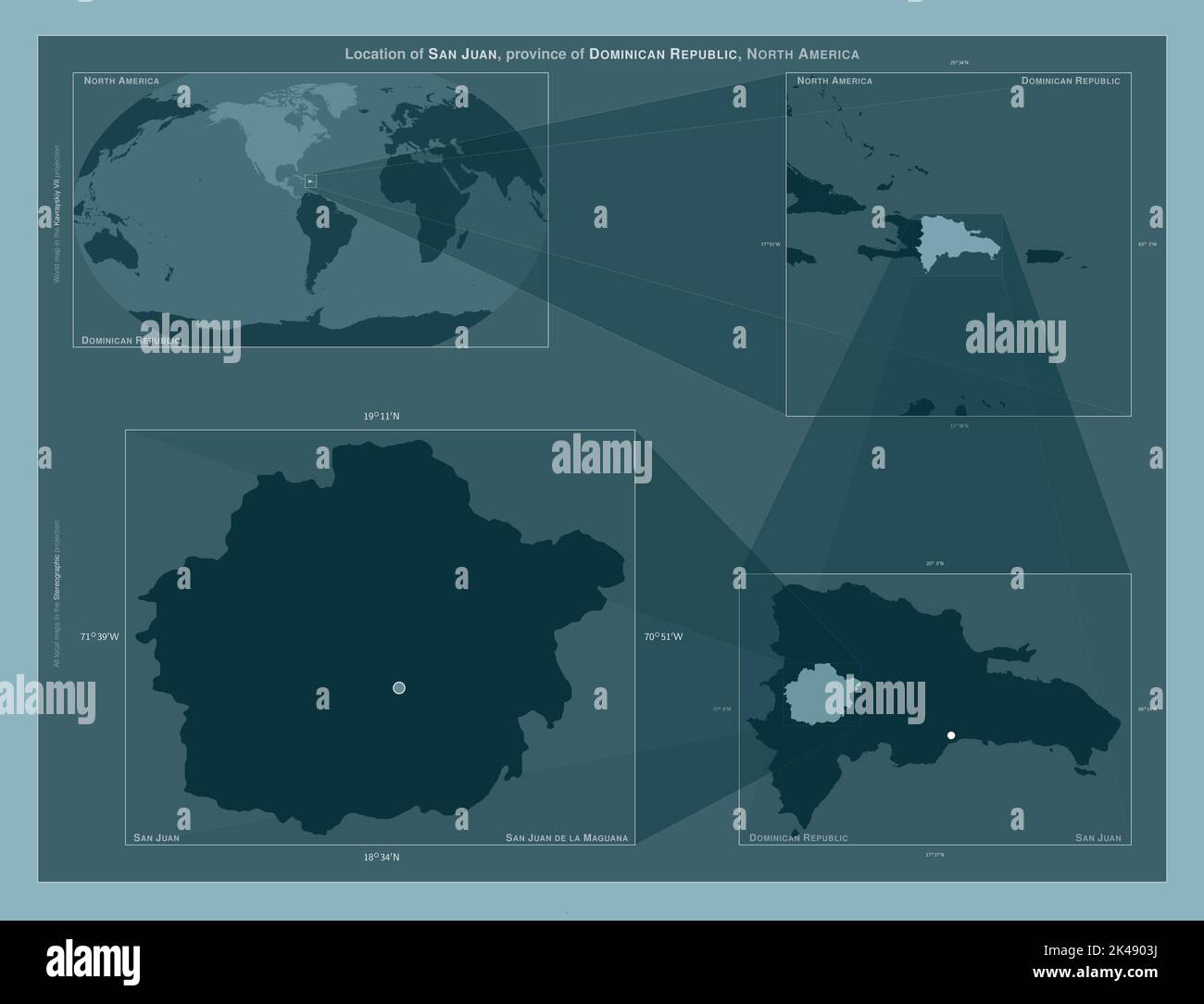San Juan, Provinz Dominikanische Republik. Diagramm, das die Position der Region auf größeren Karten zeigt. Komposition von Vektorrahmen und PNG-Formen Stockfoto
