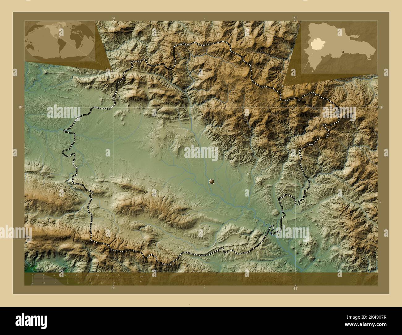 San Juan, Provinz Dominikanische Republik. Farbige Höhenkarte mit Seen und Flüssen. Karten für zusätzliche Eckposition Stockfoto