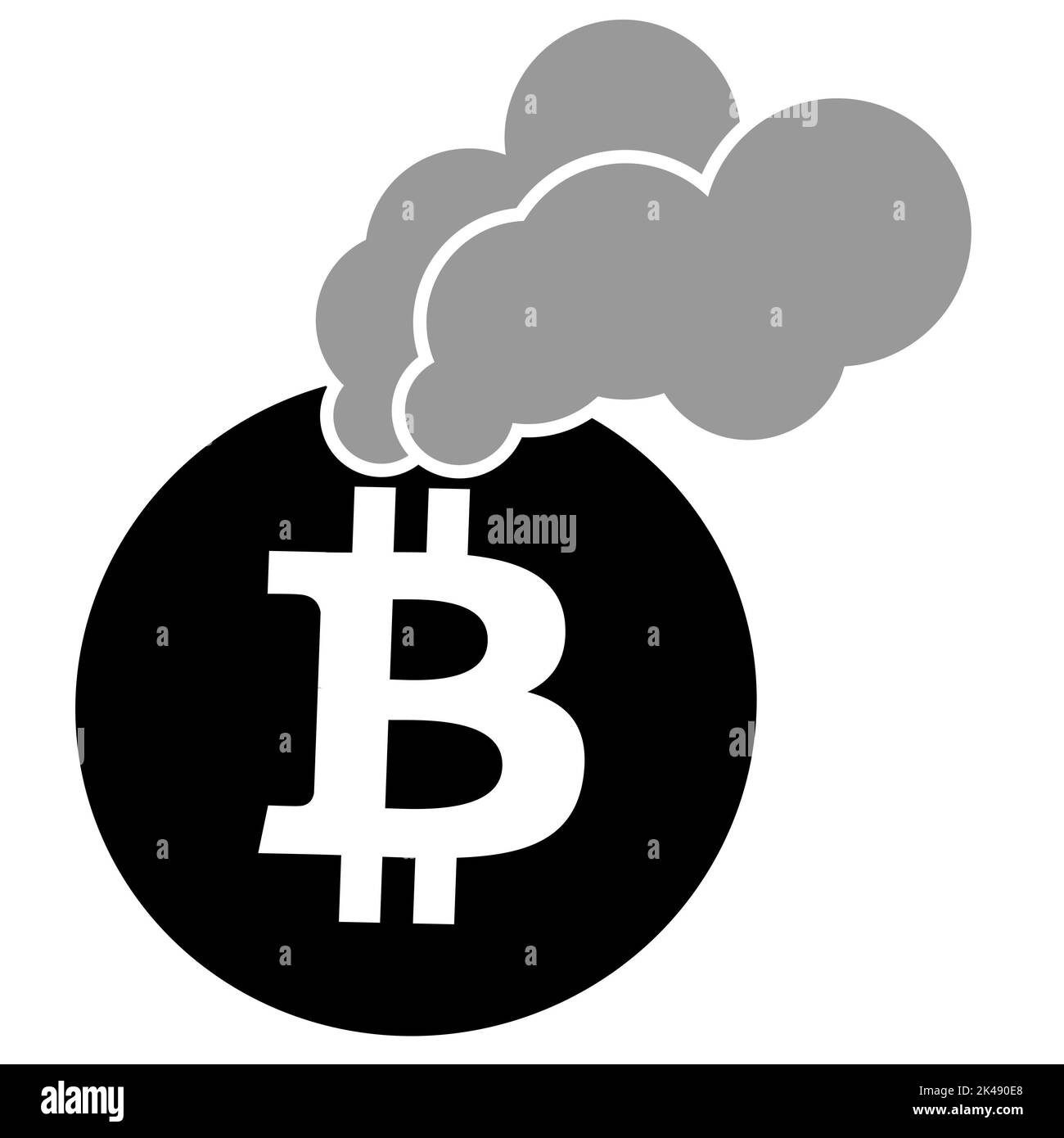 Vektordarstellung der Bitcoin-Kryptowährung, da sie beim Abbau durch die Schornsteine eine riesige Menge von CO2 emittiert Stockfoto