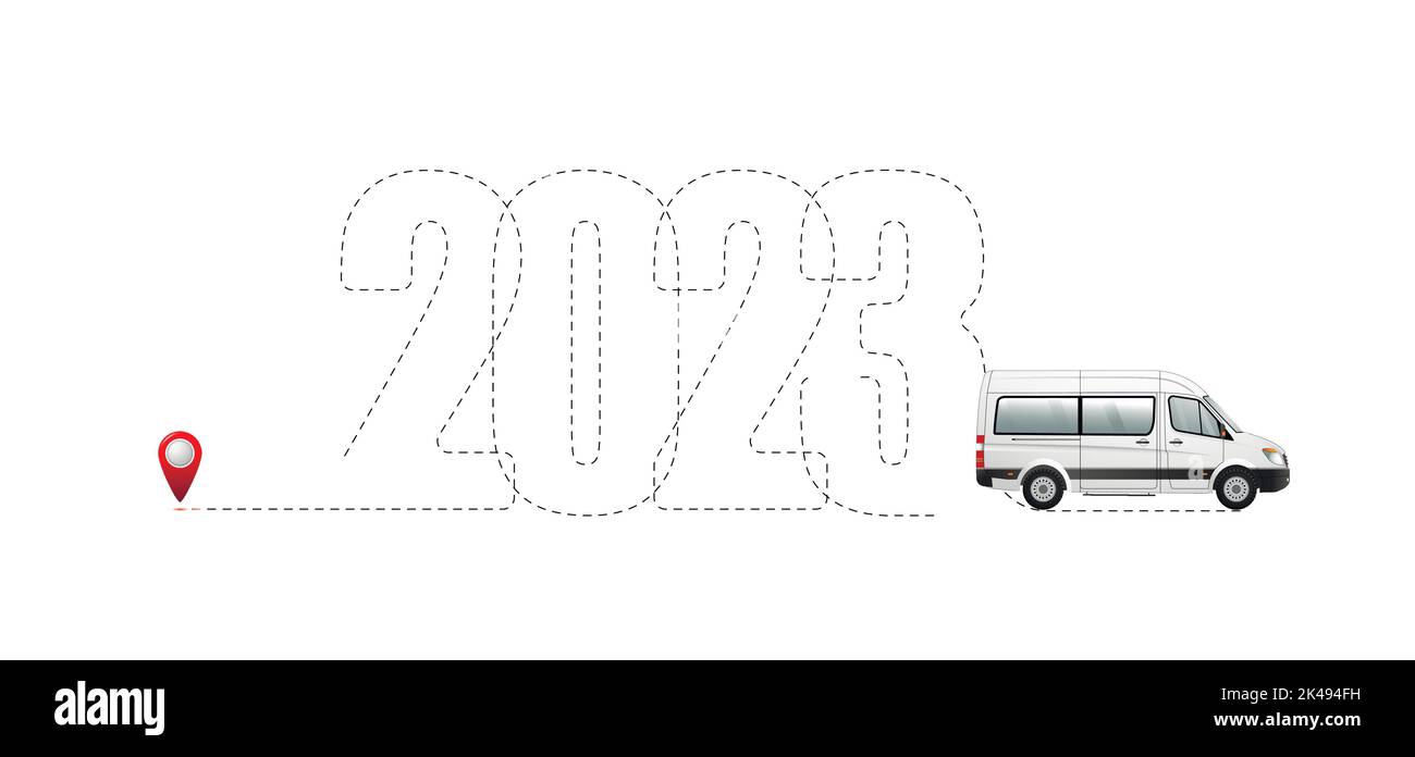 Frohe Weihnachten und Neujahr Konzept, Ziel mit 2023 Route. Beförderung von Passagieren im neuen Jahr. Flache Vektorgrafik Stock Vektor
