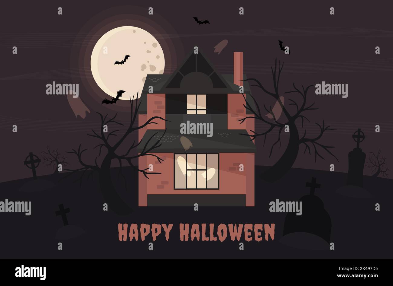 Die Inschrift Happy Halloween Spukhaus auf dem Friedhof vor dem Hintergrund des Nachthimmels im Vollmond Stock Vektor