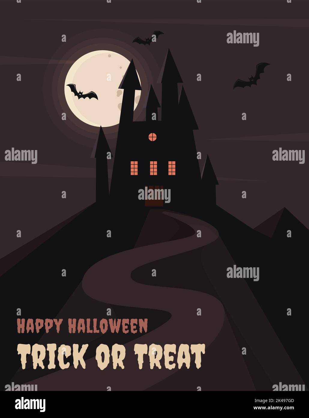 Schriftzug Happy Halloween und Trick or Treat gruselige verwunschene Burg inmitten der Berge vor dem Hintergrund des Nachthimmels im Vollmond Stock Vektor