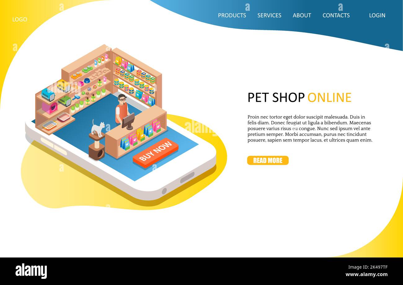 Vorlage für die Online-Landing-Page-Website für Tiershopshop Vector isometrisches Smartphone mit Tierhandlung und Verkäufer. Online-Shopping, E-Commerce-Konzept. Stock Vektor