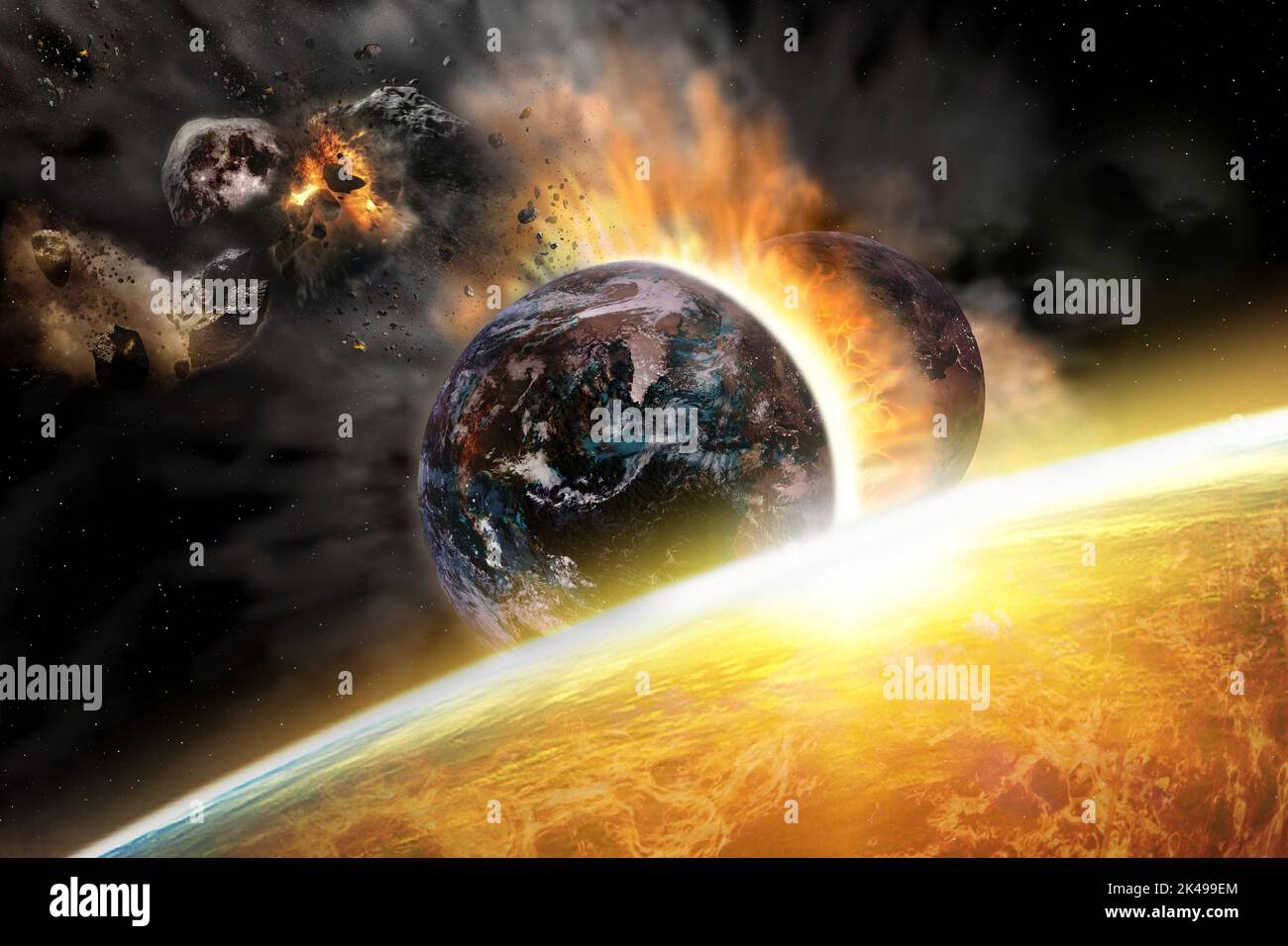 Apokalypse auf der Erde, Blick von der Sonne auf den in zwei Hälften zerrissenen Planeten Erde und Fragmente des Mondes im Orbit. Niedergang der Zivilisation. Elemente davon Stockfoto
