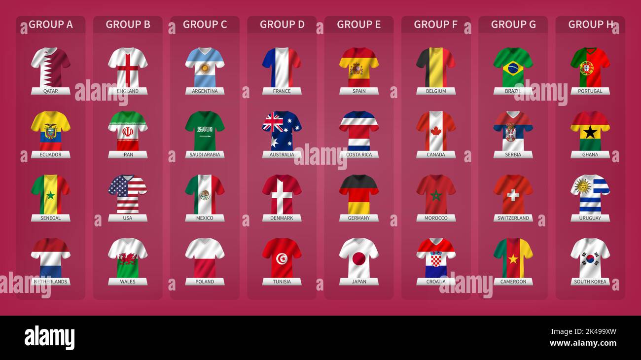 Qatar Fußball-Fünfweltcup-Turnier 2022 . 32 Mannschaften Gruppenetappen mit Trikot und wehenden Country-Flaggen-Muster . Vektor . Stock Vektor