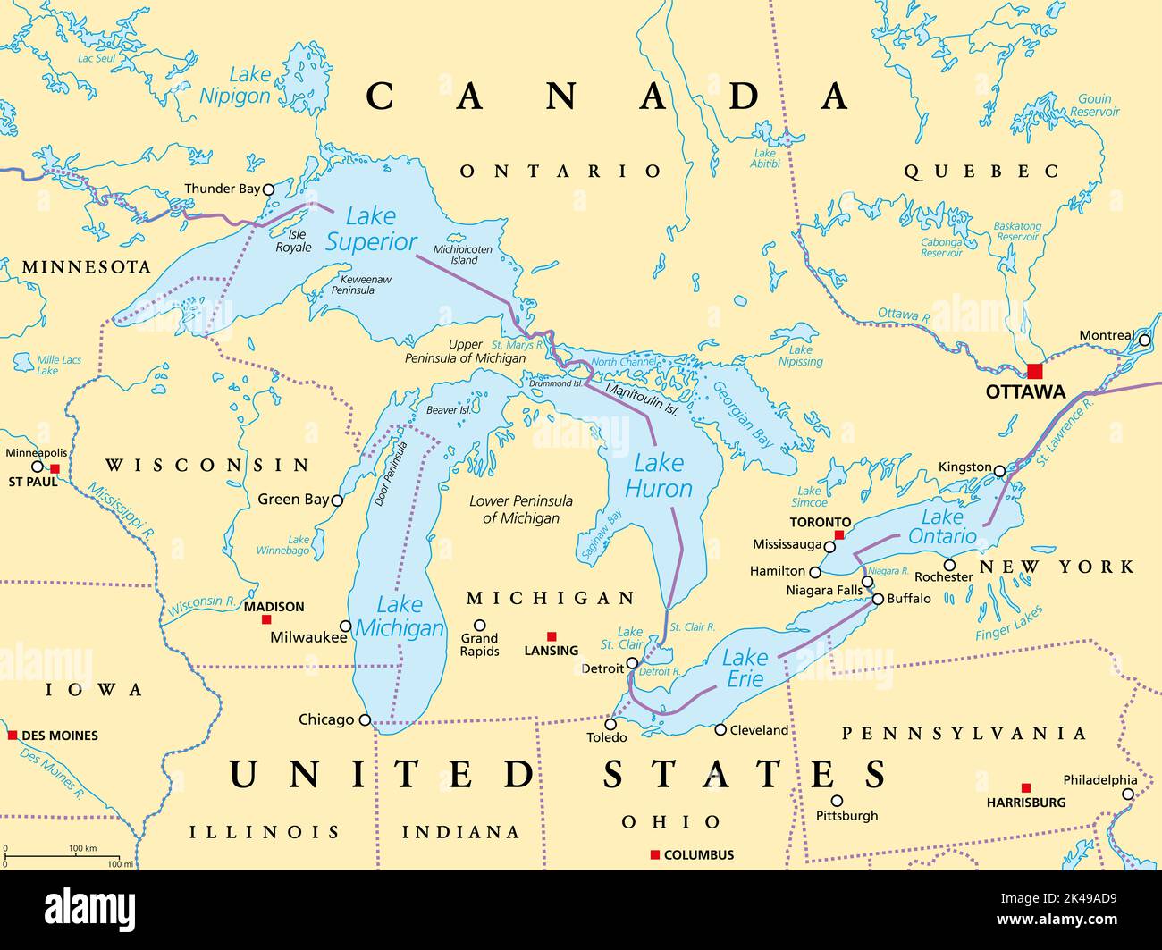 Politische Landkarte der Großen Seen Nordamerikas. Seen Superior, Michigan, Huron, Erie und Ontario. Reihe von großen miteinander verbundenen Süßwasserseen. Stockfoto