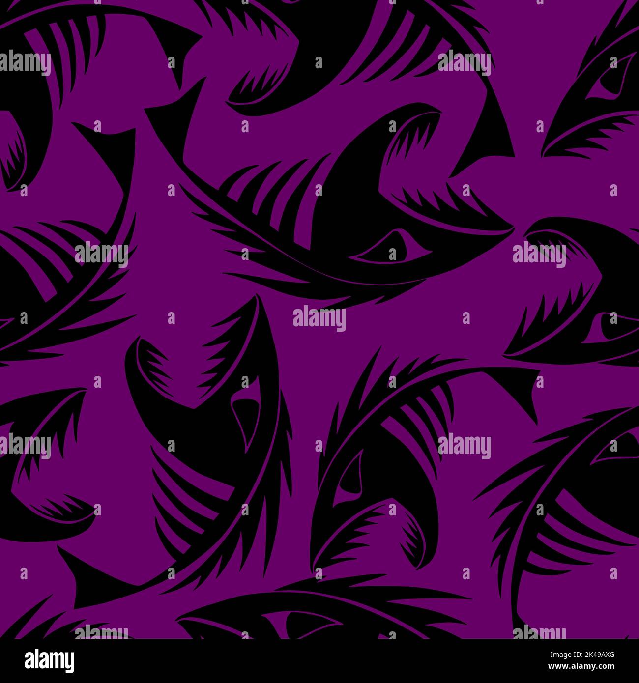 Helles, nahtloses Muster aus schwarzen grafischen Fischskeletten auf einem violetten Hintergrund, Textur, Design Stockfoto