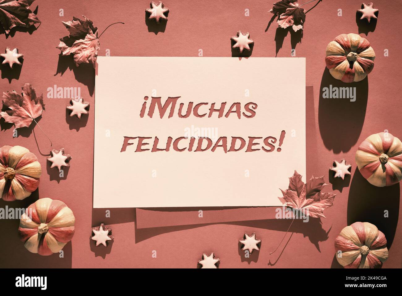Dekorativer Rahmen mit braunen und orangen Herbstdekor. Kürbisse, Sternkekse und trockene Herbstblätter. Text Muchas Felicidades bedeutet Glückwünsche in span Stockfoto