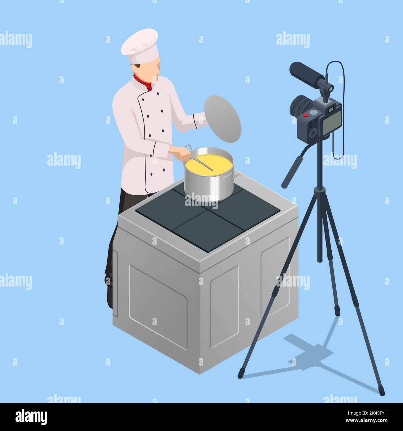 Isometrischer Koch, der Video auf der Kamera in der Küche aufführt. Chef in White Uniform Blogger, Food Blogger oder Kochen Video Blog Konzept. Online-Kochen Stock Vektor
