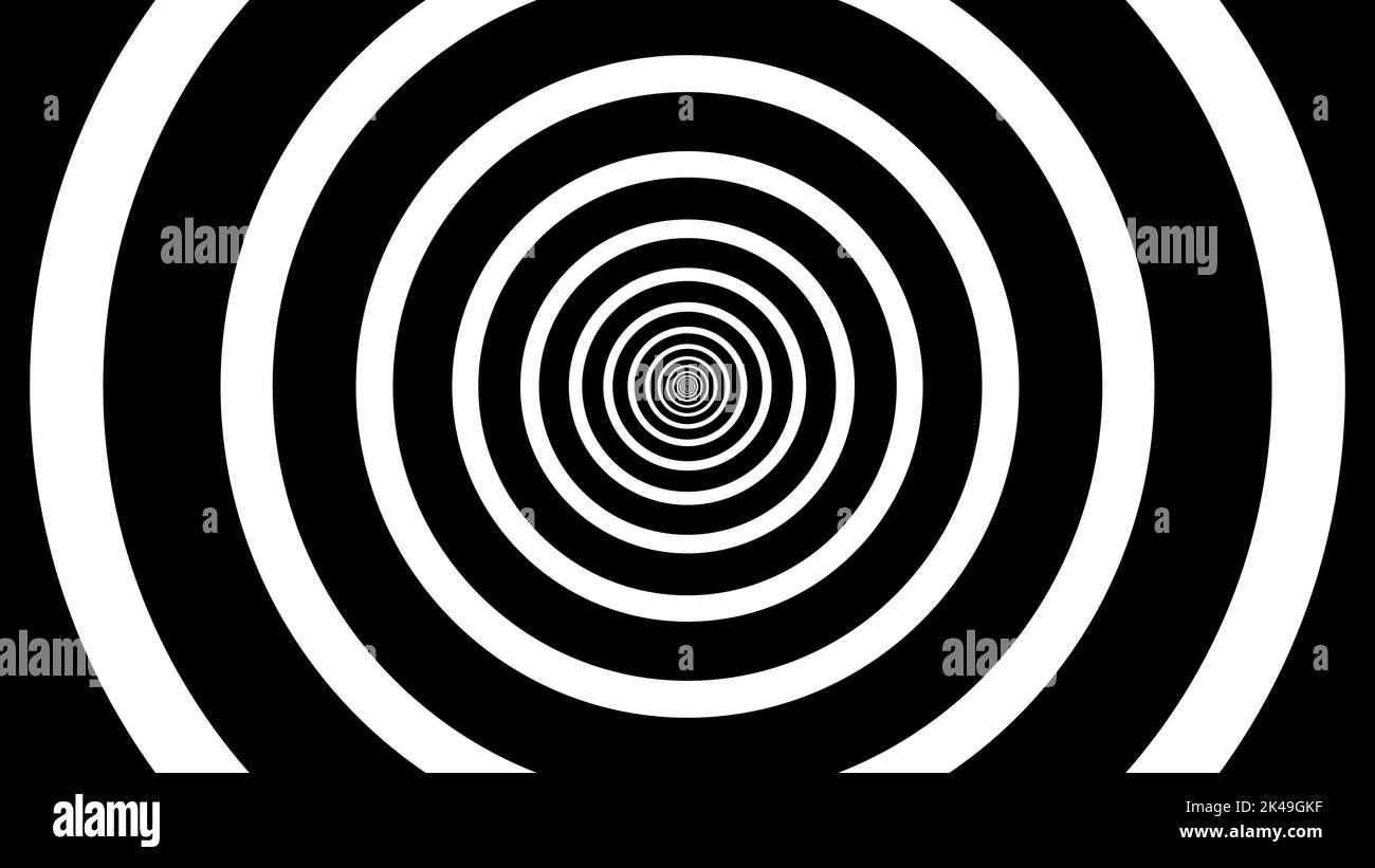 Hypnotischer schwarz-weißer Hintergrund. Geometrische Formen. Abstrakte, nahtlose Loop-Animation von Kreisen, Streifen. Hypnotische Bildvisualisierung. Optische Täuschung. Hochwertige Fotos Stockfoto