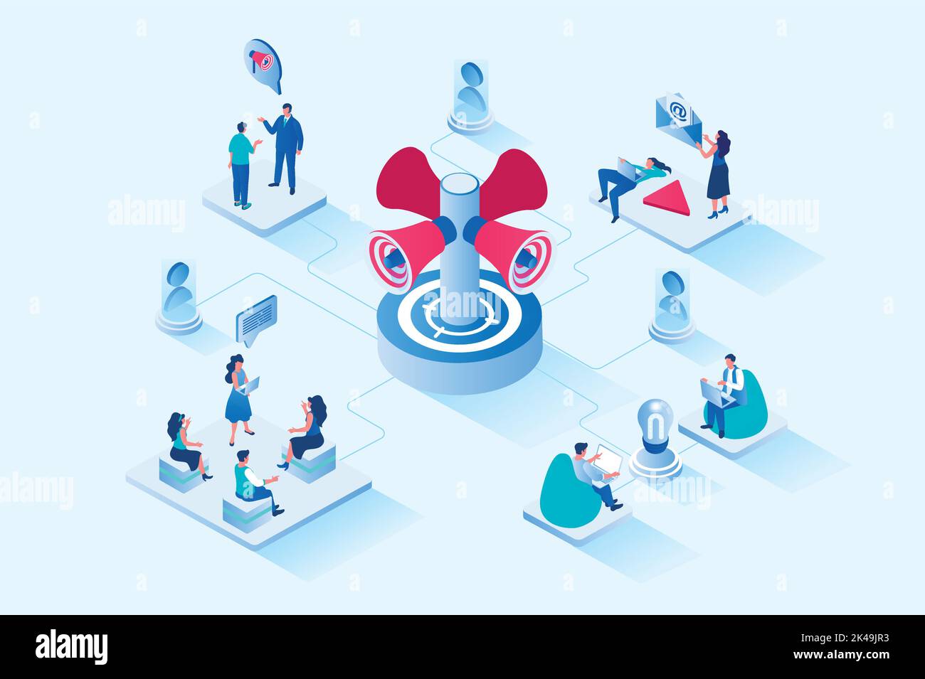 Referral Marketing 3D isometrisches Webdesign. Menschen empfehlen Stores an Freunde, verteilen Empfehlungslinks und verdienen Boni in Treueprogrammen Stock Vektor