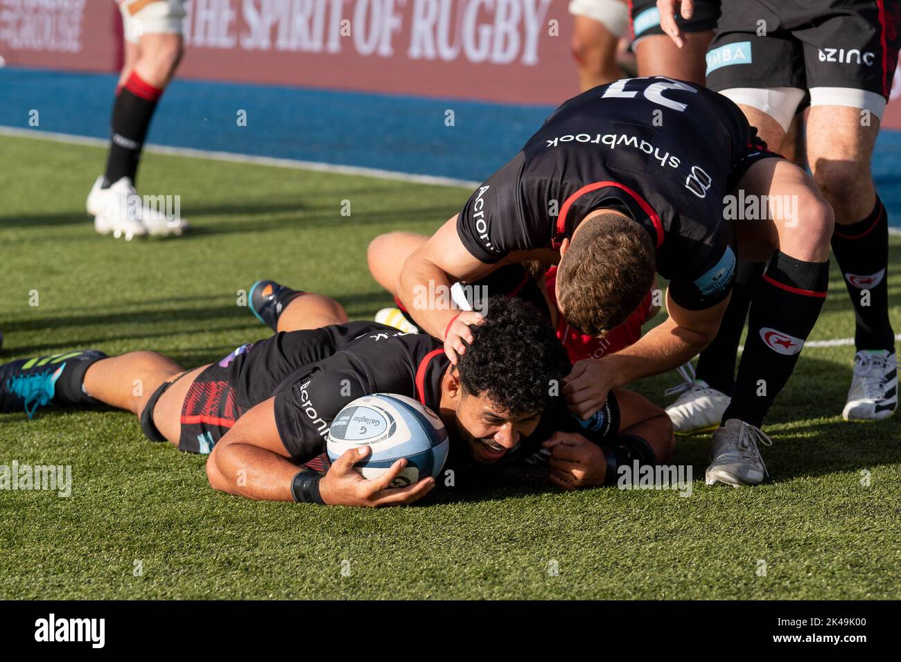 Während des Spiels der Gallagher Premiership gegen Saracens Leicester Tigers im StoneX Stadium, London, Großbritannien, 1.. Oktober 2022 (Foto von Richard Washbrooke/Nachrichtenbilder) Stockfoto