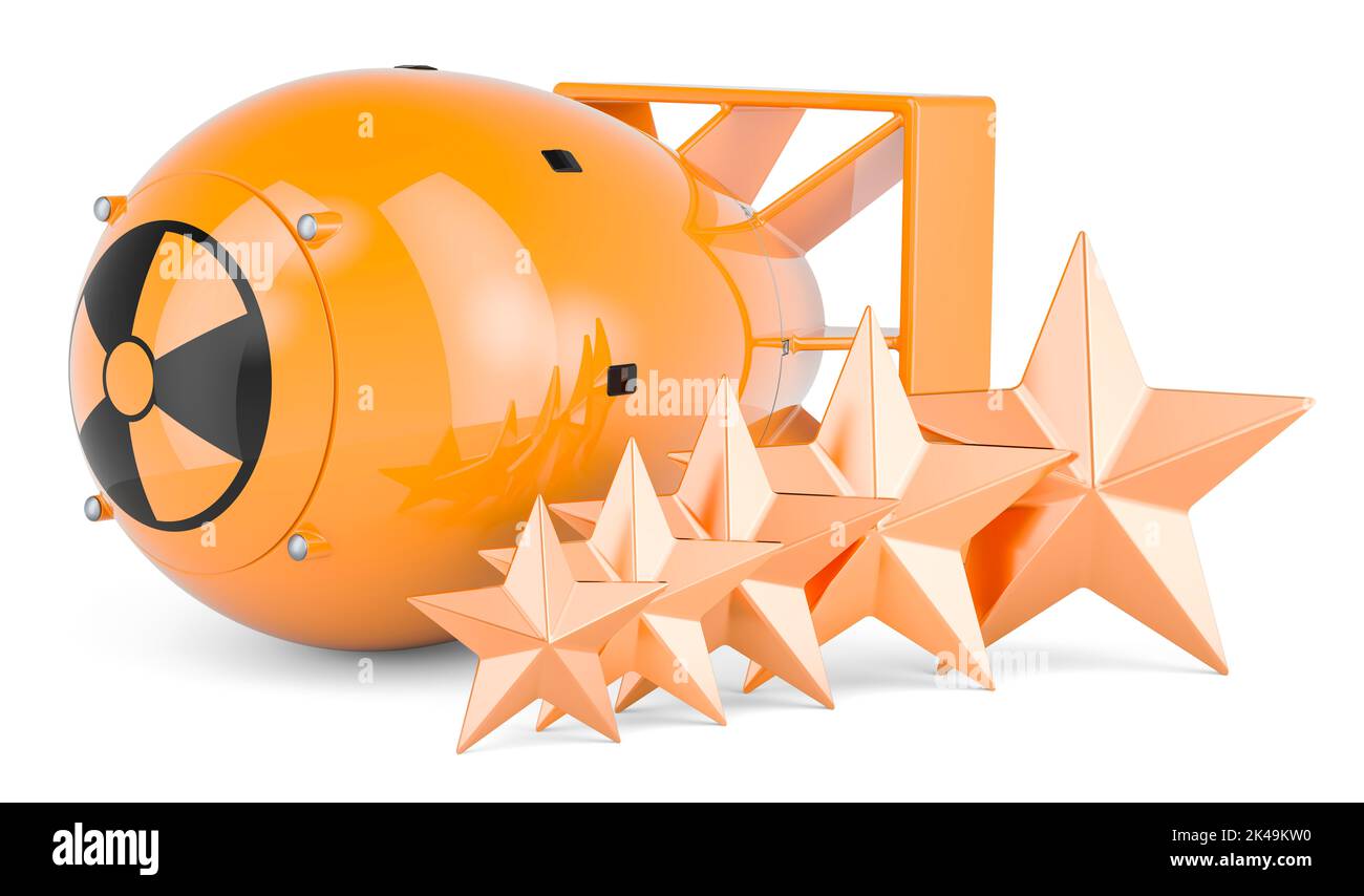 Atombombengarantie mit fünf goldenen Sternen. 3D Darstellung isoliert auf weißem Hintergrund Stockfoto