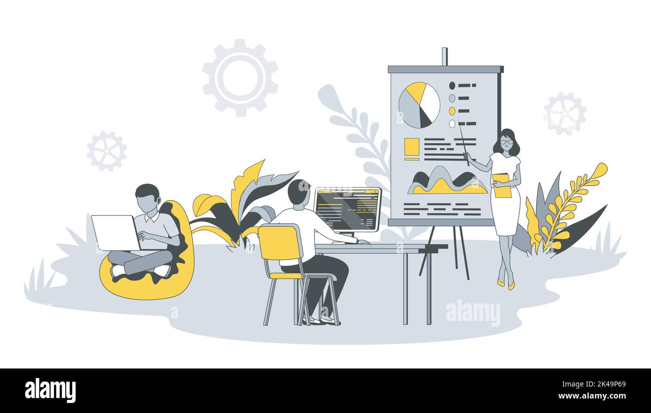 Coworking Bürokonzept im flachen Design mit Menschen. Mann und Frau arbeiten an Laptops oder Computern, diskutieren und Brainstorming im offenen Raum. Vektor Stock Vektor