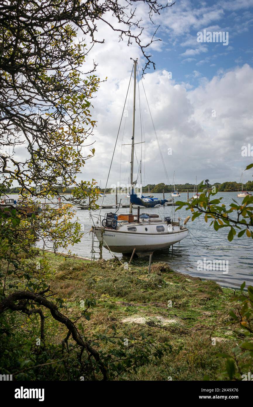 Kleines Segelboot, das auf einem Schlammkoje am Dell Quay, Chichester ...