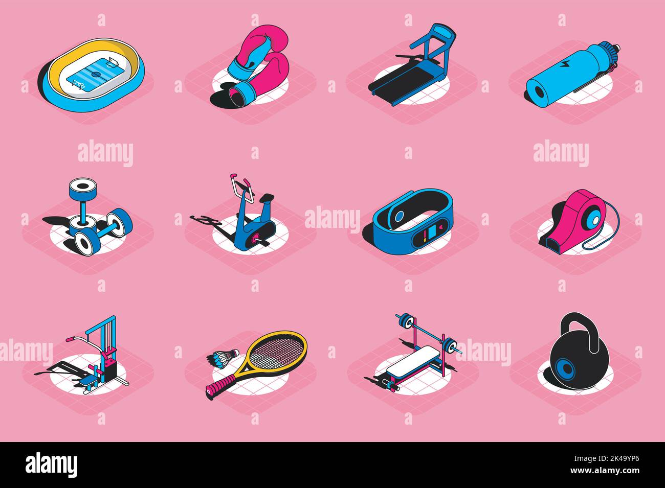 Sports 3D isometrische Symbole eingestellt. Pack Elemente von Boxhandschuhen, Laufband, Hanteln, Trainingsgerät, Fitnessgeräten, championship-Stadion und andere Stock Vektor