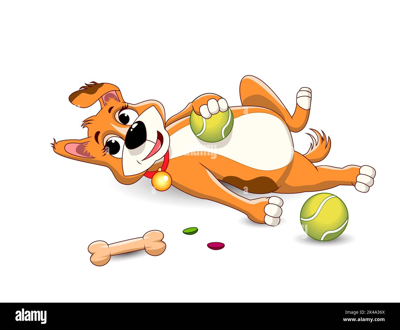 Cartoon kleiner Hund, der sich hinlegt und mit einem Tennisball spielt. Doggy spielt mit Spielzeug. Stock Vektor